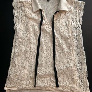 Banana Republic | Cream Lace Top with Black Tie